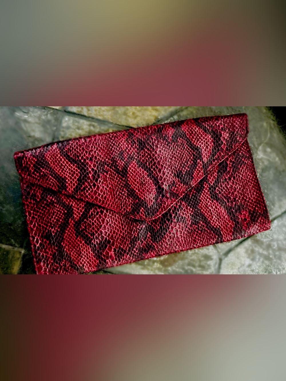 Dark Red Snakeskin Envelope Clutch